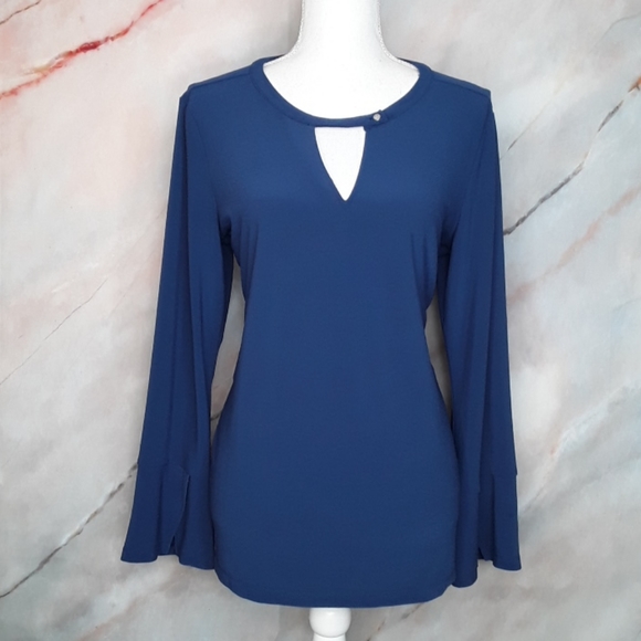 Chaus Tops - CHAUS NY Blue Keyhole Bell Sleeve Blouse L